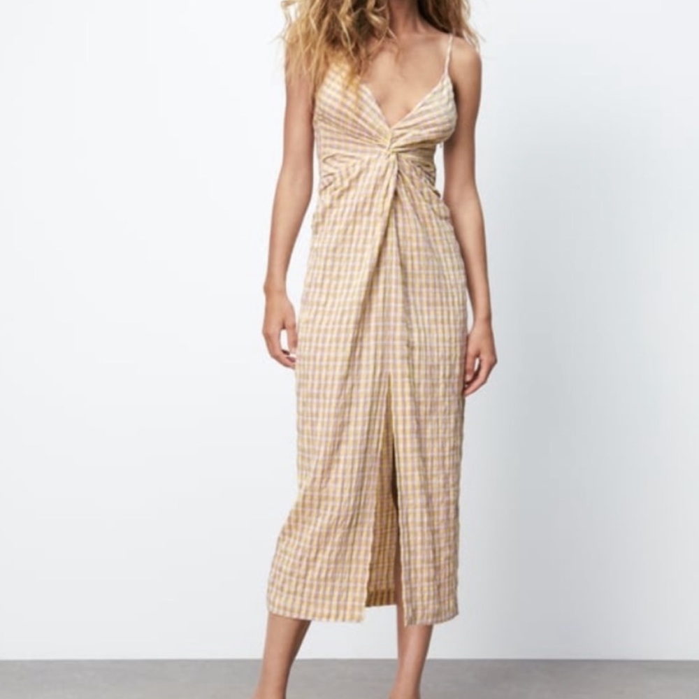 Zara Tan Yellow Purple Plaid Gingham Midi Length Spring Summer Dress NWOT